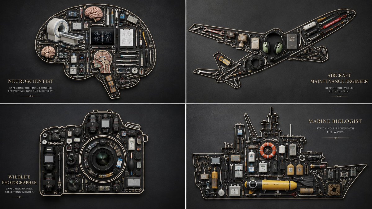 Four crazy professions arranged in elegant 2x2 grid packing