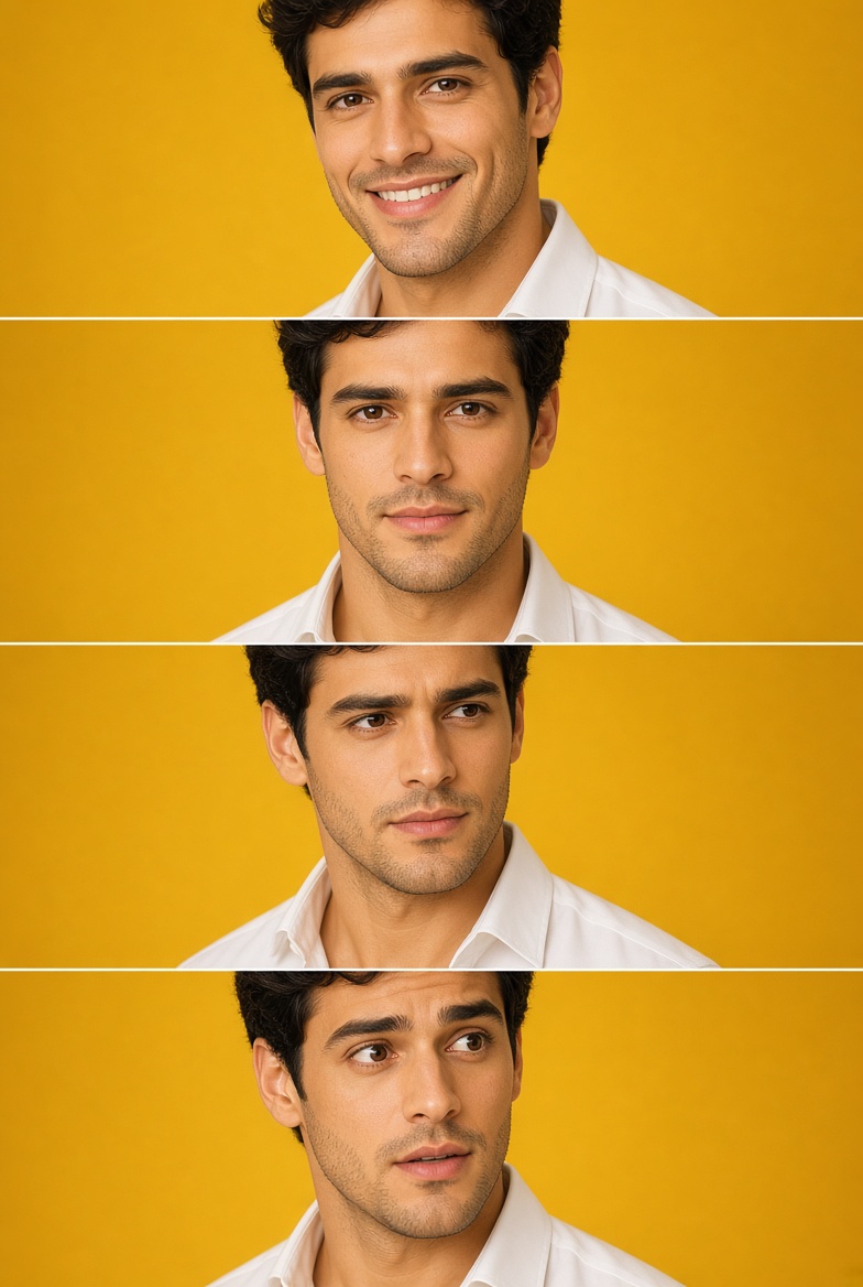 Four-Panel Expression Sheet of a Smiling Young Man on Yellow