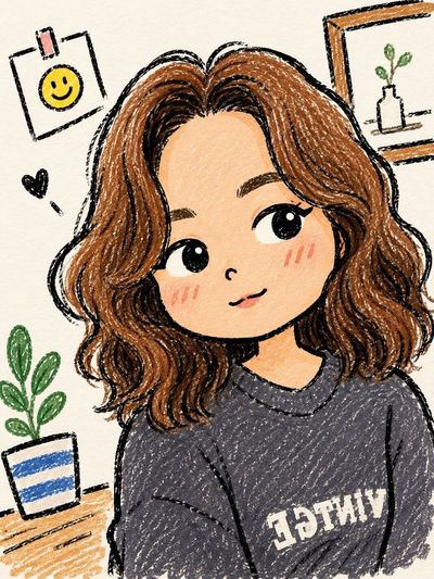 Chibi girl in crayon art smiles warmly beside a potted plant