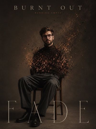 Man dissolves into glowing ash in empty dark studio