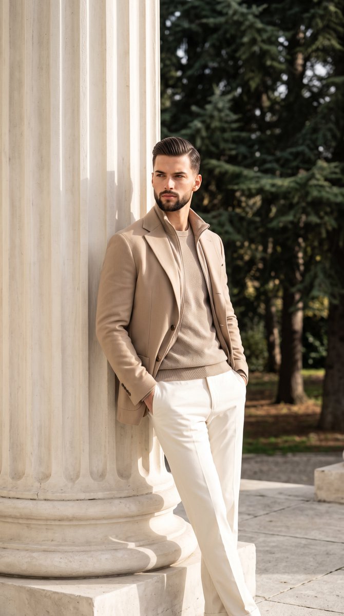 Man in beige jacket leans against classical column in sunlit grove