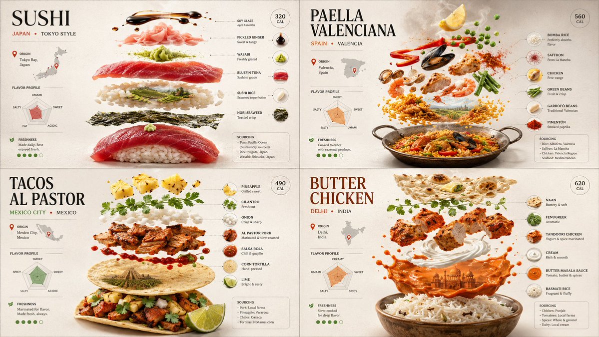 Four famous dishes float in a detailed modernist grid