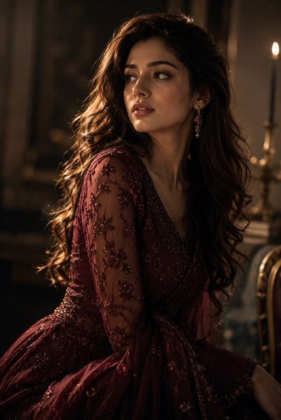 Candlelight Portrait of Woman in Embroidered Burgundy Gown