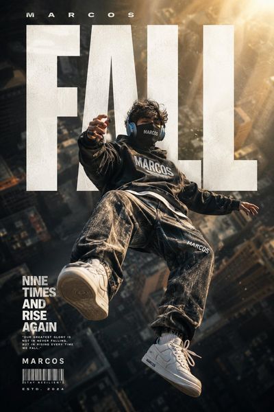 A masked streetwear model floats above a city skyline