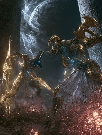 Anubis warrior and Minotaur cyborg clash in explosive moonlit battle