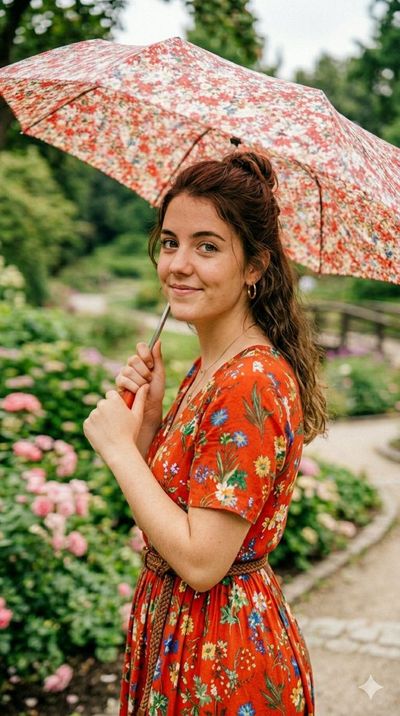 Auburn-haired woman in floral dress strolls through botanical garden