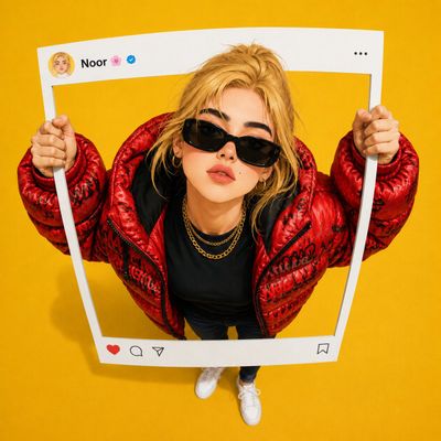 A blonde girl holds an Instagram frame in a red jacket