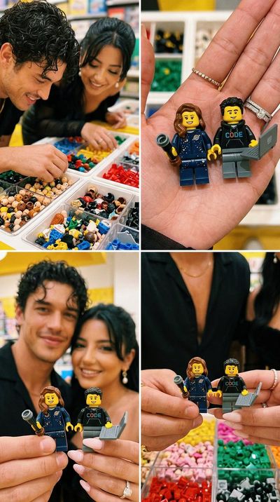 A couple selects custom minifigures in a colorful LEGO store