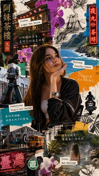 A stylish traveler explores Taiwan's surreal scrapbook collage landscape.