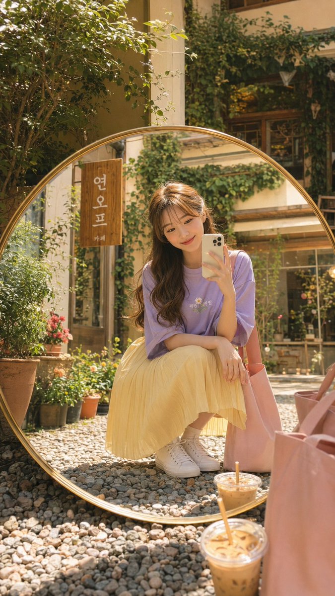 Young woman captures a mirror selfie in warm Korean café sunlight