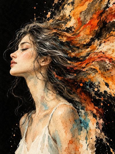 Woman's flowing hair dissolves into fiery watercolor masterpiece.