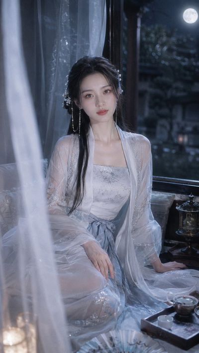 A Chinese woman in moon-white hanfu sits by a moonlit window