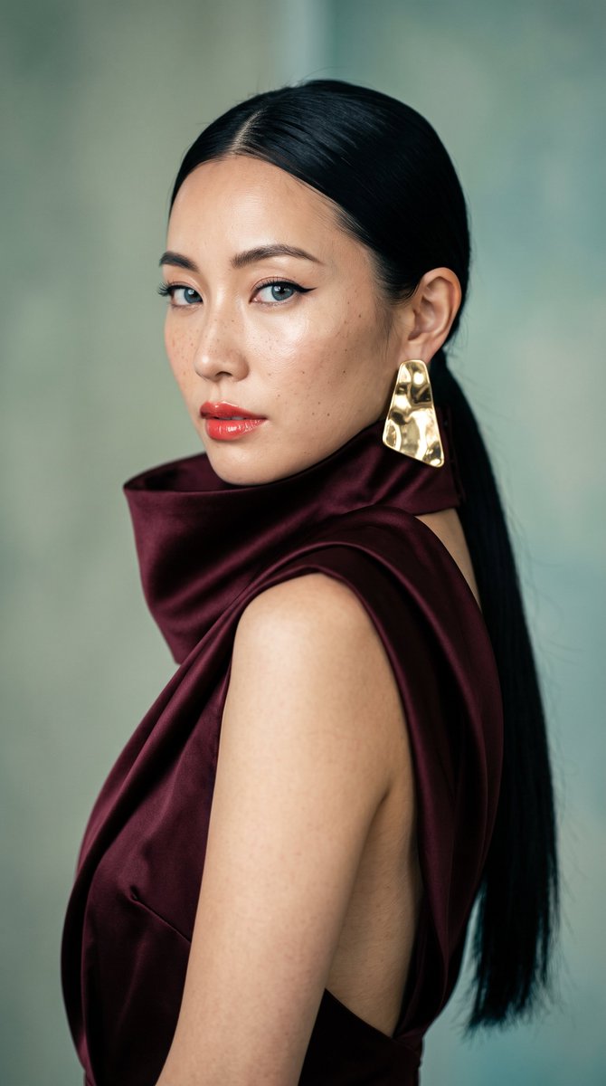 High-fashion portrait of a woman in burgundy satin gown