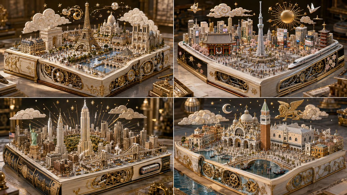 Four global cities emerge as luxury atlas objects on a ceremonial book
