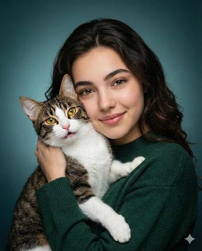 Wholesome Bond: Woman and Tabby Cat Portrait