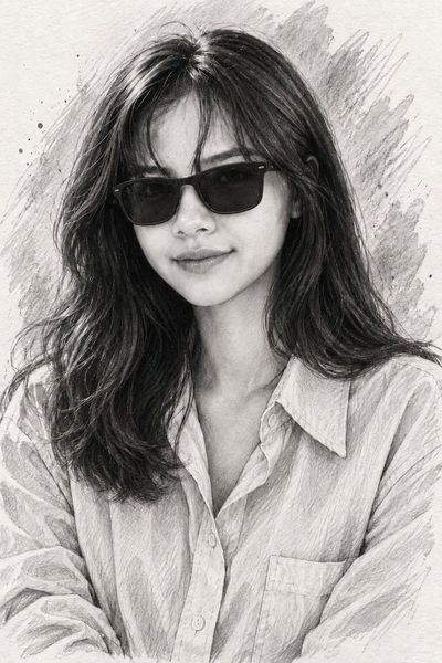 Intricate Black-and-White Portrait of a Young Woman with Detailed Pencil and Ink Texture