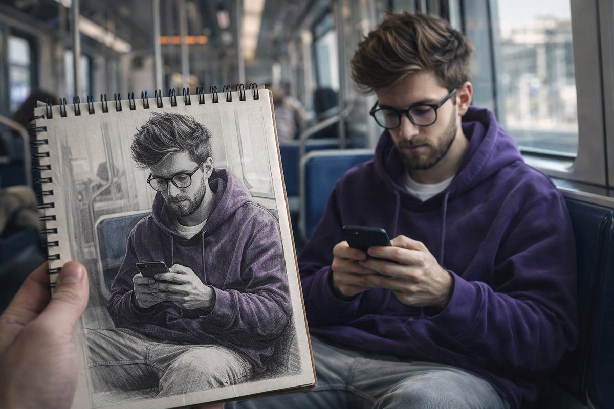 Subway Reflection: Hyperreal Sketch in Motion