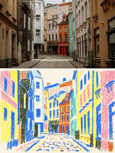 Childlike crayon city memory redraws Italian street scene
