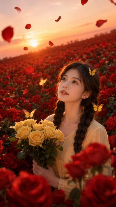 A woman in a pale yellow blouse holds roses in a sunset field