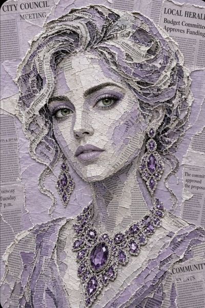 Torn Newspaper Collage Forms Woman with Emerald Eyes and Purple Gems