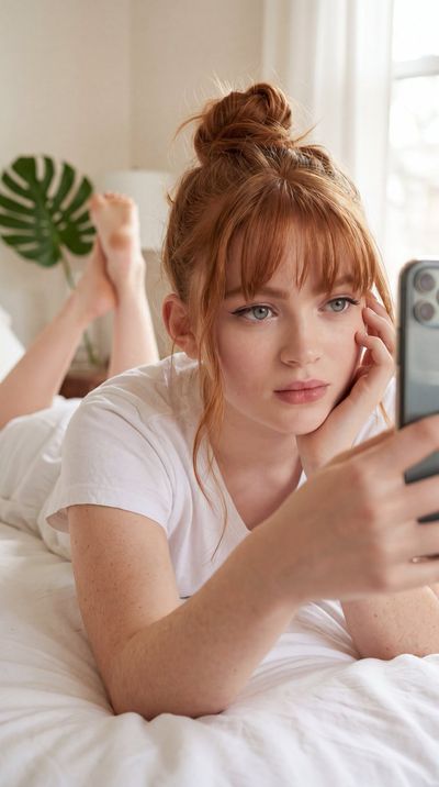Young woman relaxes on bed holding phone in sunlit bedroom