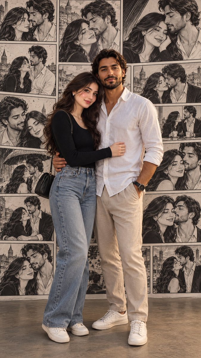 Romantic couple stands before comic wall in cinematic portrait