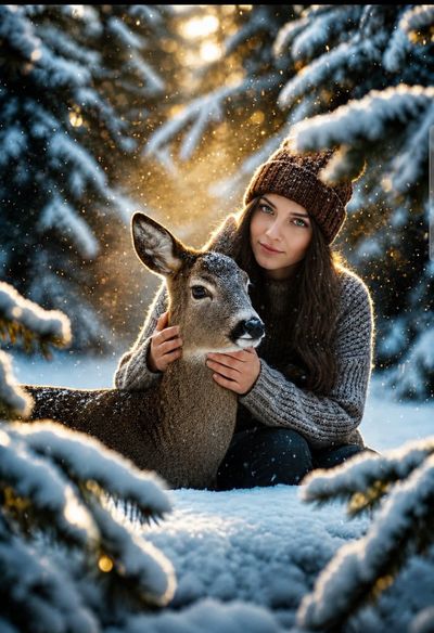 Woman gently embraces a calm roe deer in a snowy forest