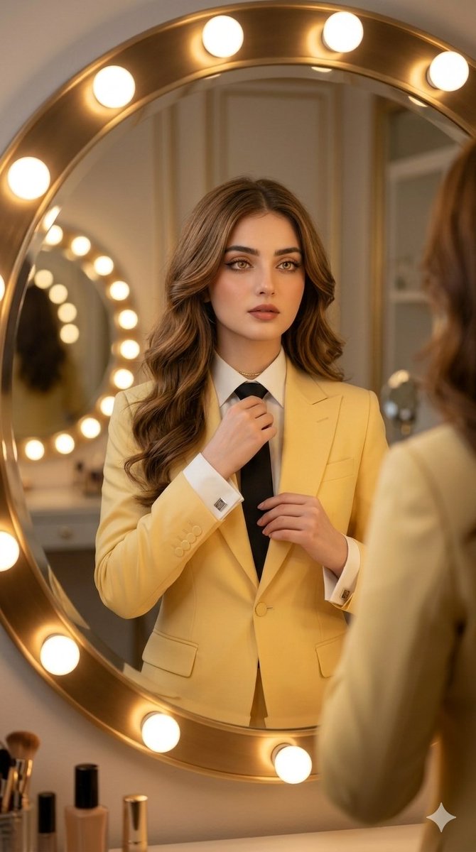 Woman in yellow blazer gazes into glowing vanity mirror