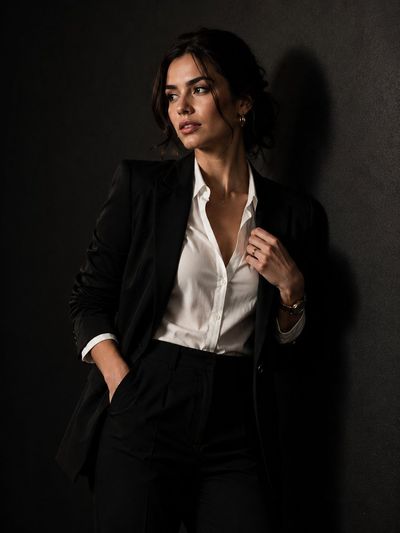 A confident woman in a black blazer leans against a dark wall.