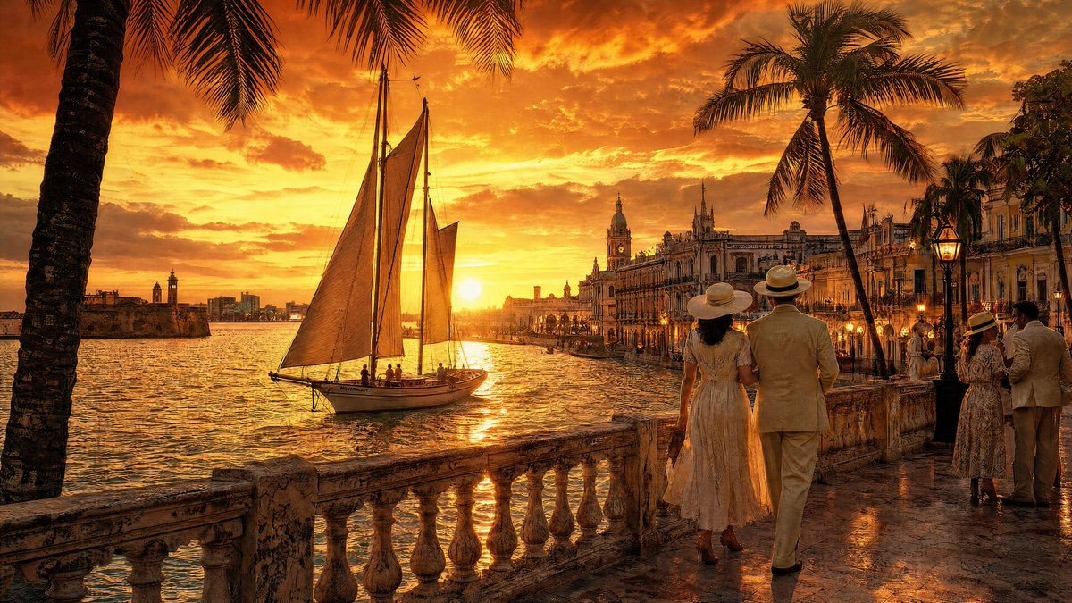 A traditional sailboat glides through golden waters at sunset