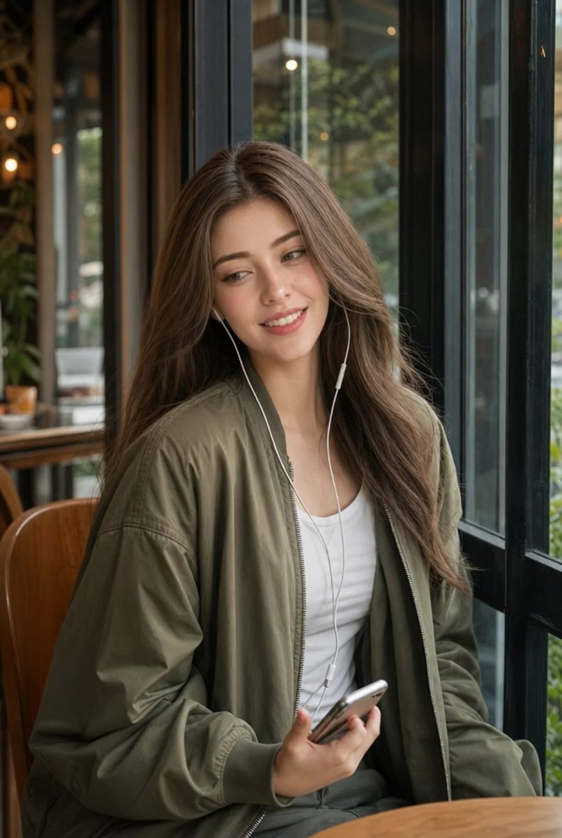 Asian woman smiles naturally while holding smartphone near sunny café window