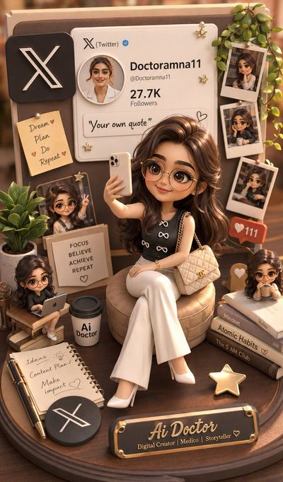 Chibi influencer girl poses for a selfie on her wooden desk