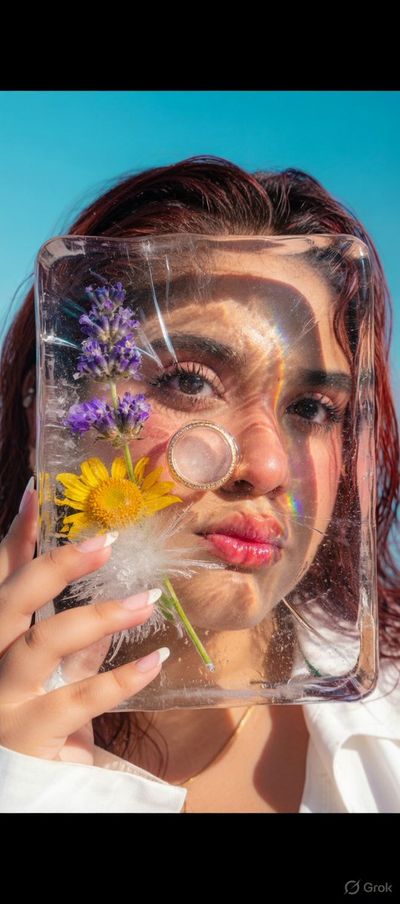Frozen Elegance: Portrait with Ice and Wildflowers