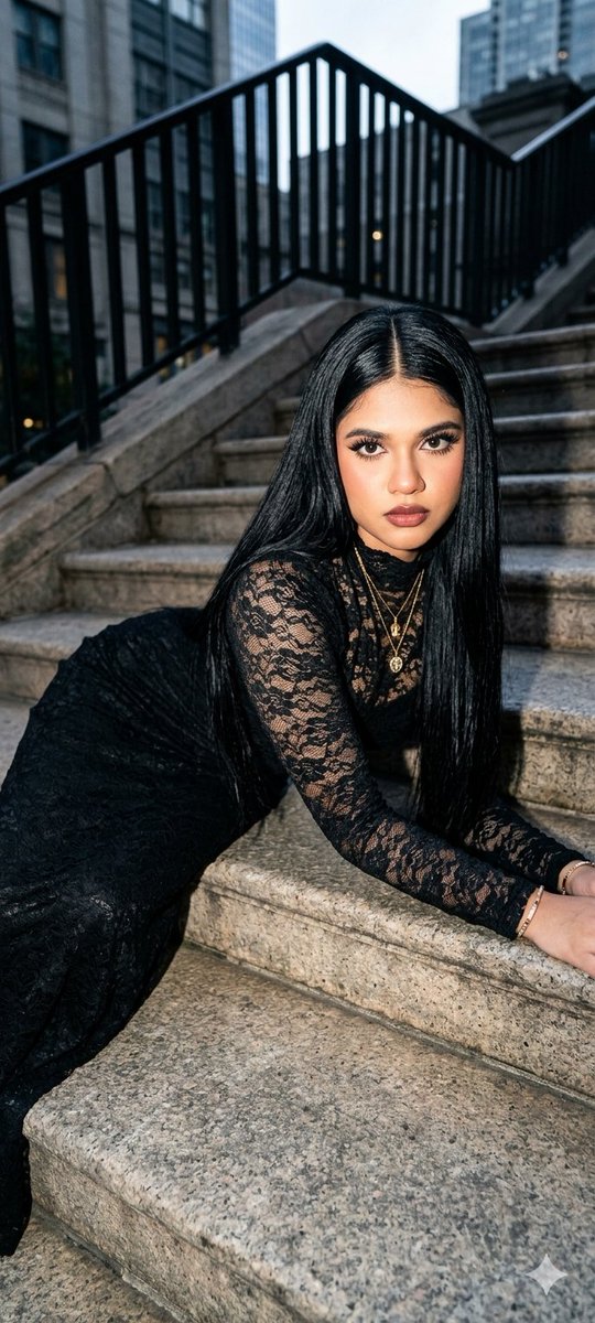 Model poses on stone steps in black lace dress with flash