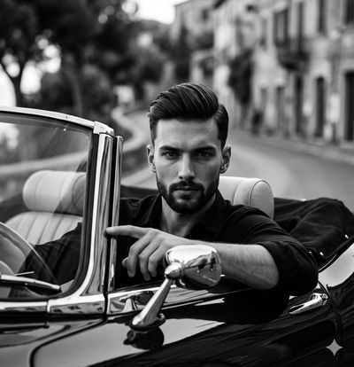 Moody Noir Portrait of Man with Chrome Car Reflection