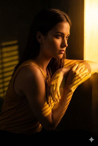 Golden sunlight casts patterned shadows across a pensive woman's face