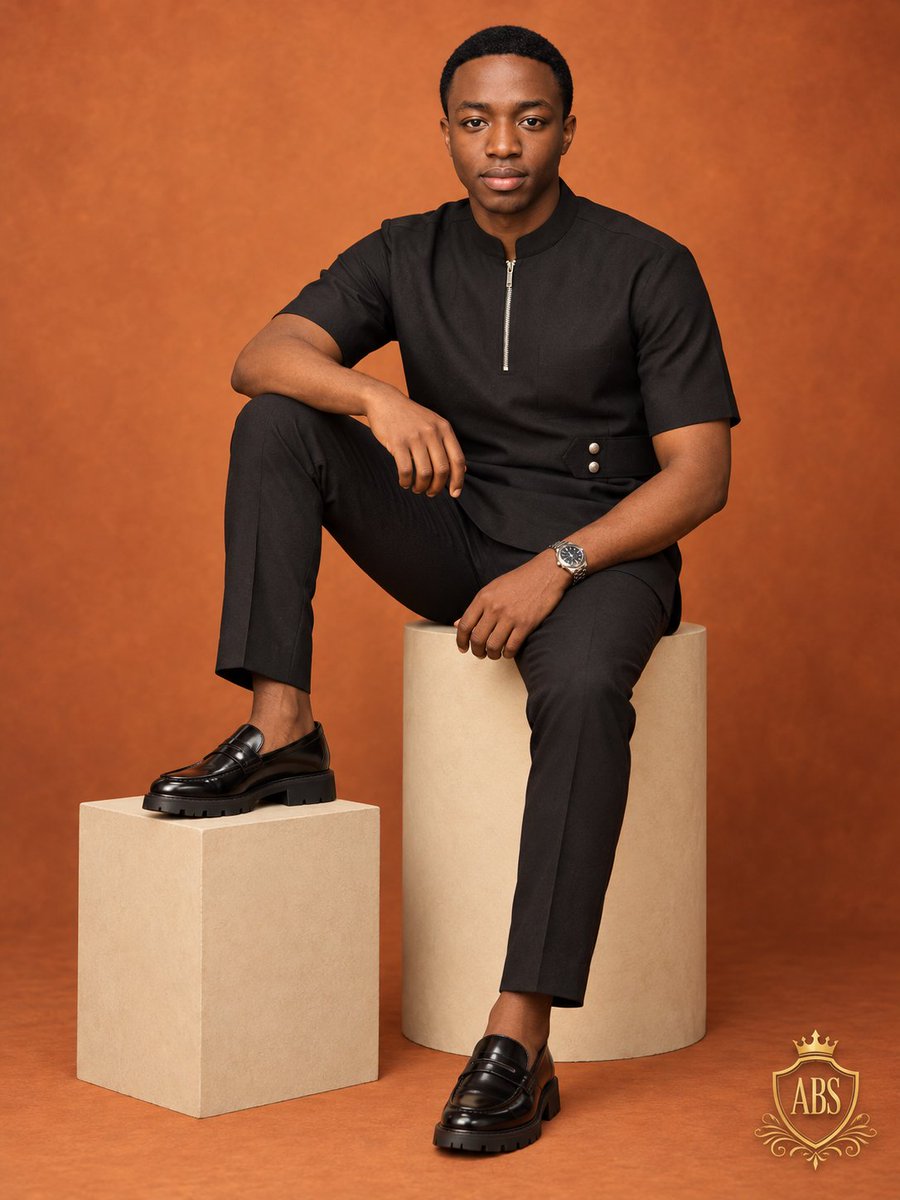 Seated man in black modern attire on beige pedestal studio portrait