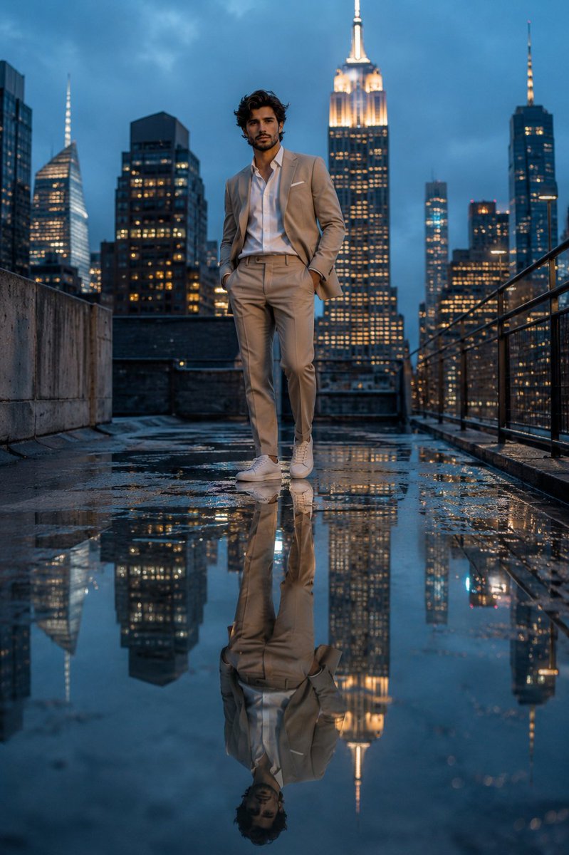 Young man in beige suit reflects in Manhattan rooftop puddle