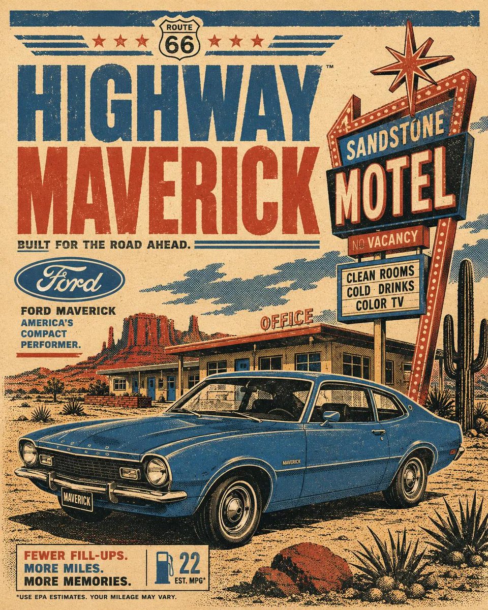 A vintage Chevrolet Bel Air cruises past a desert diner at dusk