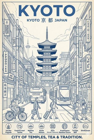 Monochrome Kyoto travel poster shows Yasaka Pagoda above busy street