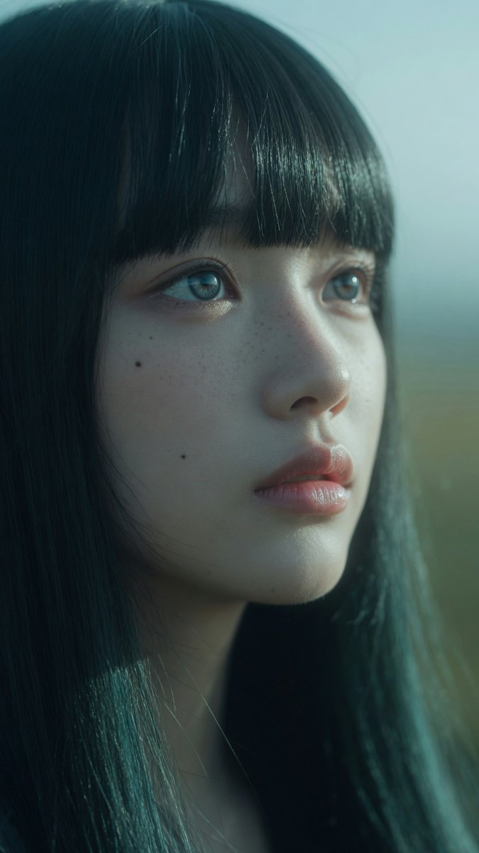A young woman with jet-black hair gazes dreamily into a hazy field