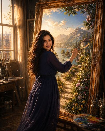 A woman in navy dress steps into a magical painting