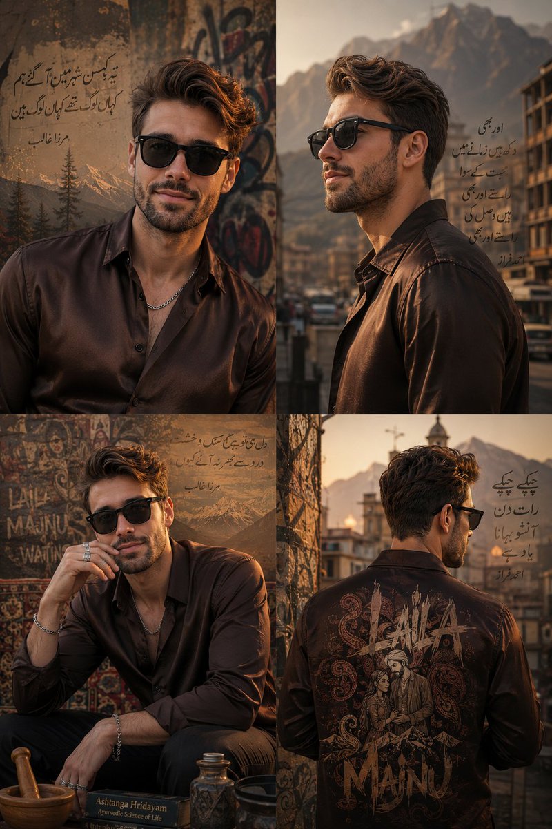 Confident model poses in four-panel urban chaos fashion poster
