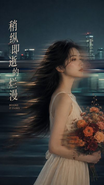 A woman's blurred silhouette fades into the city night