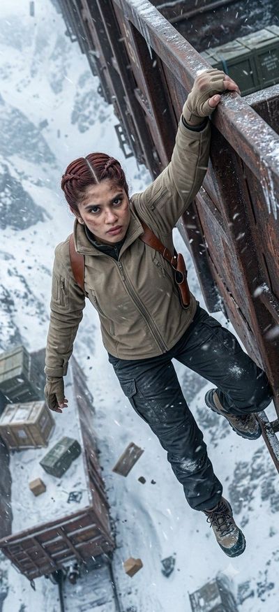 Dr. Samia clings to a rusted train car above a snowy abyss