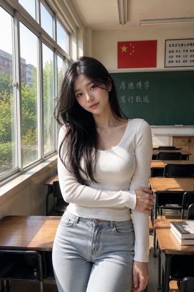 Korean student smiles softly by sunlit classroom window