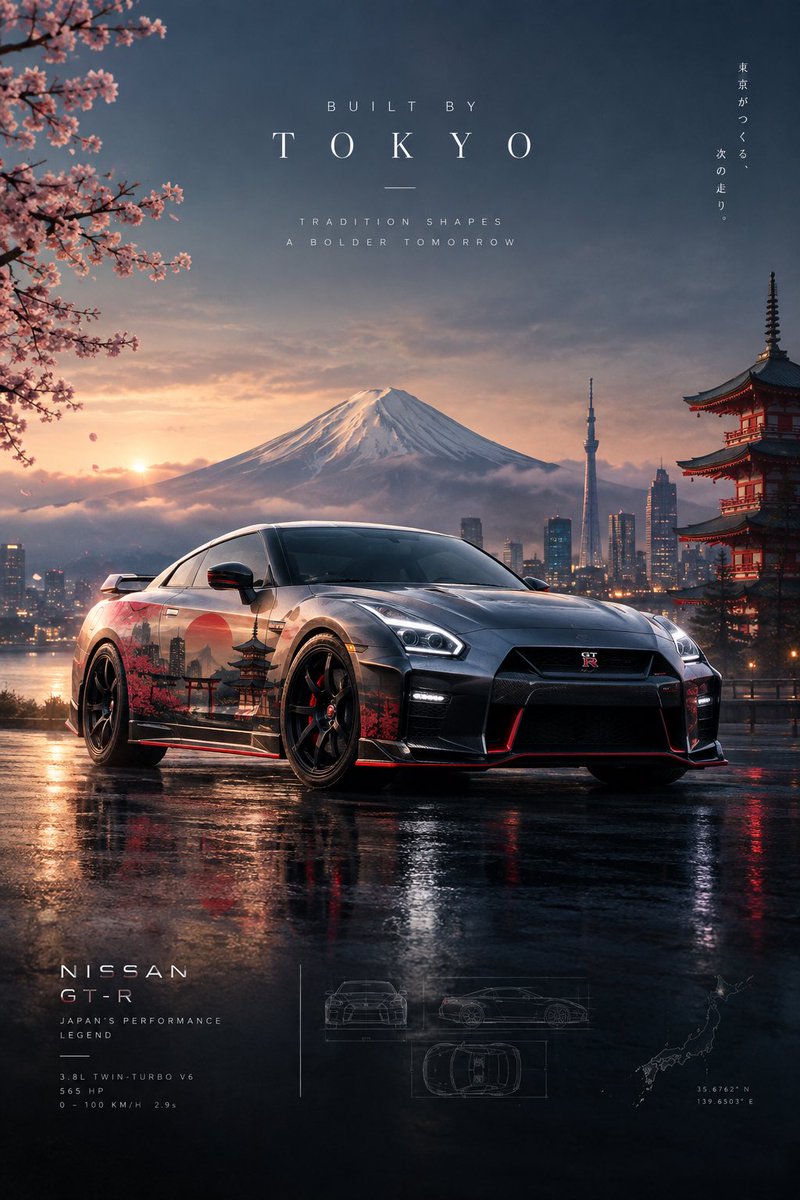 Sleek car emerges from Tokyo's neon-lit wet asphalt reflections