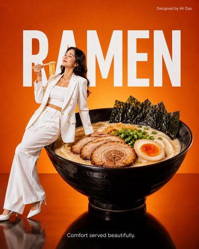 A fashionable woman in white leans against a giant ramen bowl