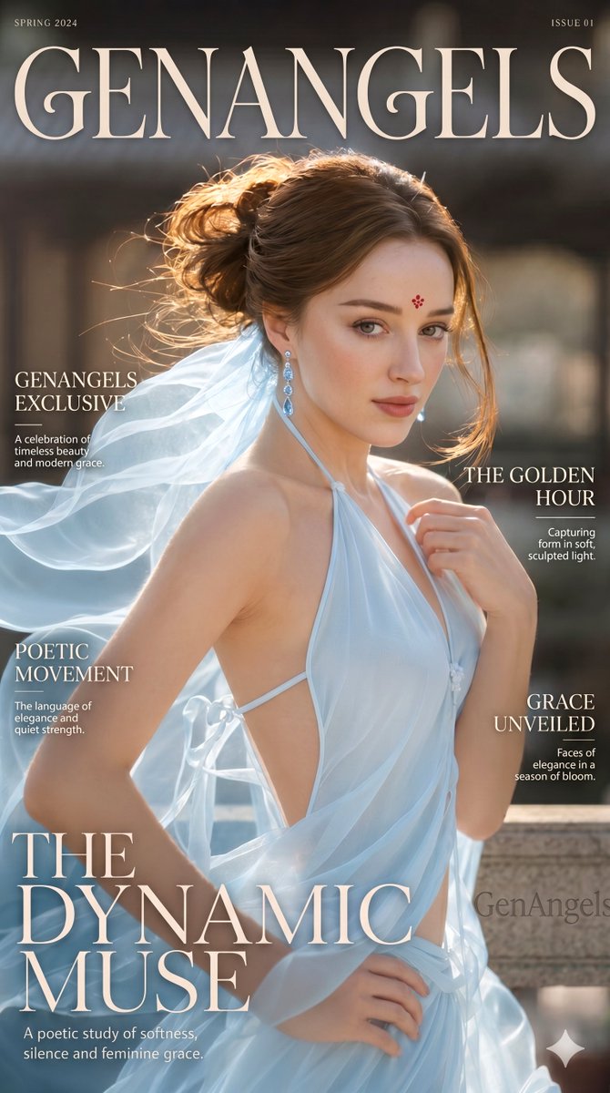A graceful woman in blue silk stands amid ancient stone arches