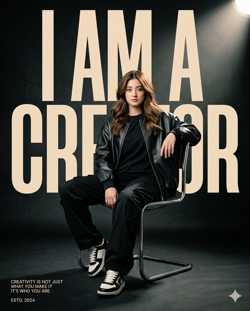 A confident woman in black leather commands attention on chrome chair.